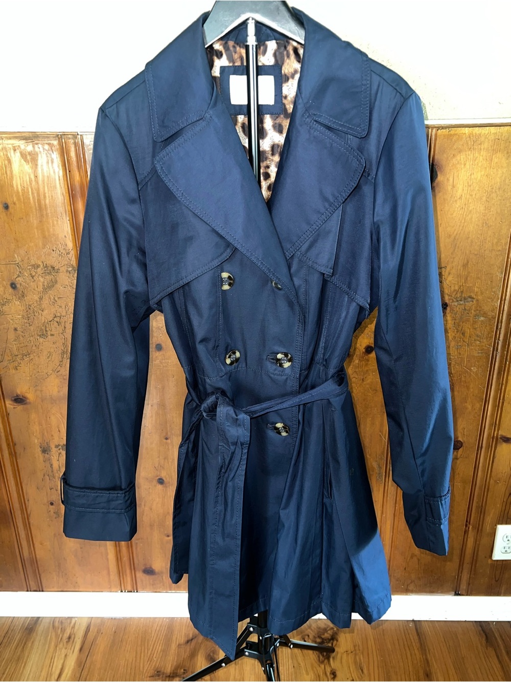 Laundry by Shelli Segal Navy Blue Double Breasted Trench Coat Leopard Lining L